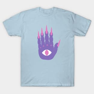 Magic Mage Hand Hamsa Cat Eye Evil Eye Pink Purple Stiletto Nails Shield Protection Optical Illusion Illuminati Y2K Graphic Design T-Shirt